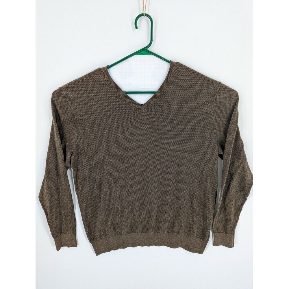 Men's Polo Ralph Lauren Brown Pima Cotton Herringbone V-Neck Sweater, Large
